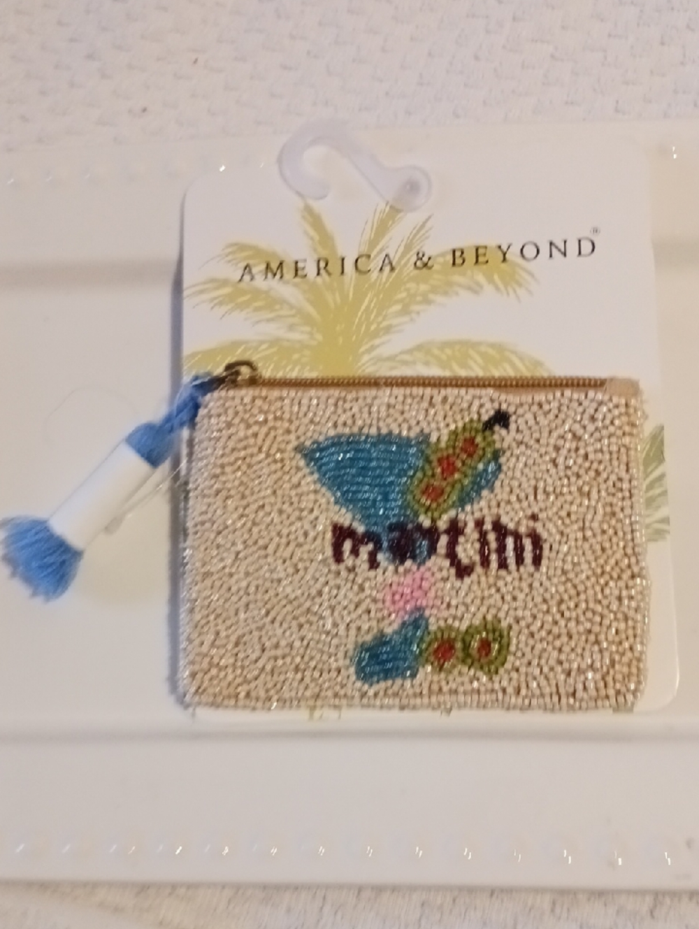 America & Beyond Beaded Martini Coin Purse in Beige and Blue Pink Bow On Back 🎀